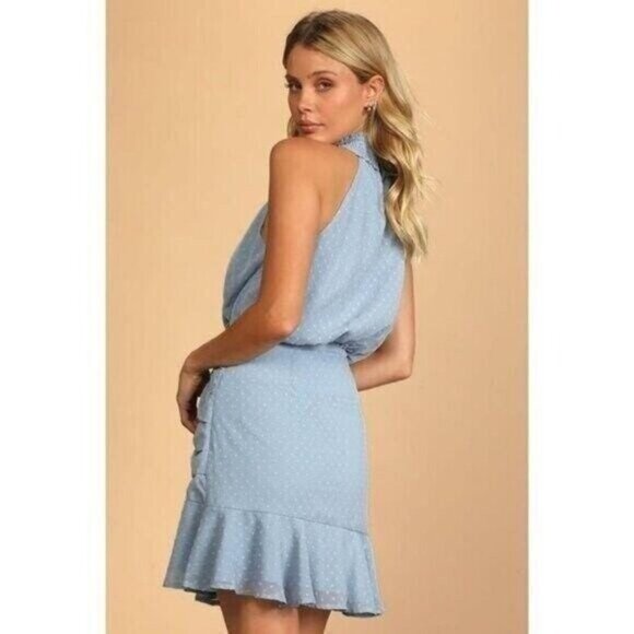 Lulus Womens Blue Halter Dress With Polka Dot Pattern & Ruffle Hem Size L - Picture 4 of 10
